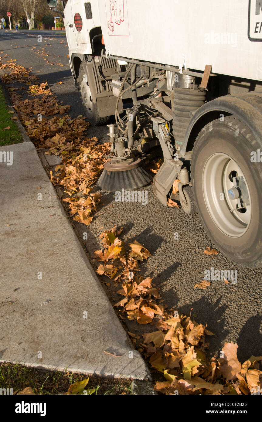Straße Kehrmaschine LKW Reinigung Autume Blätter Stockfoto