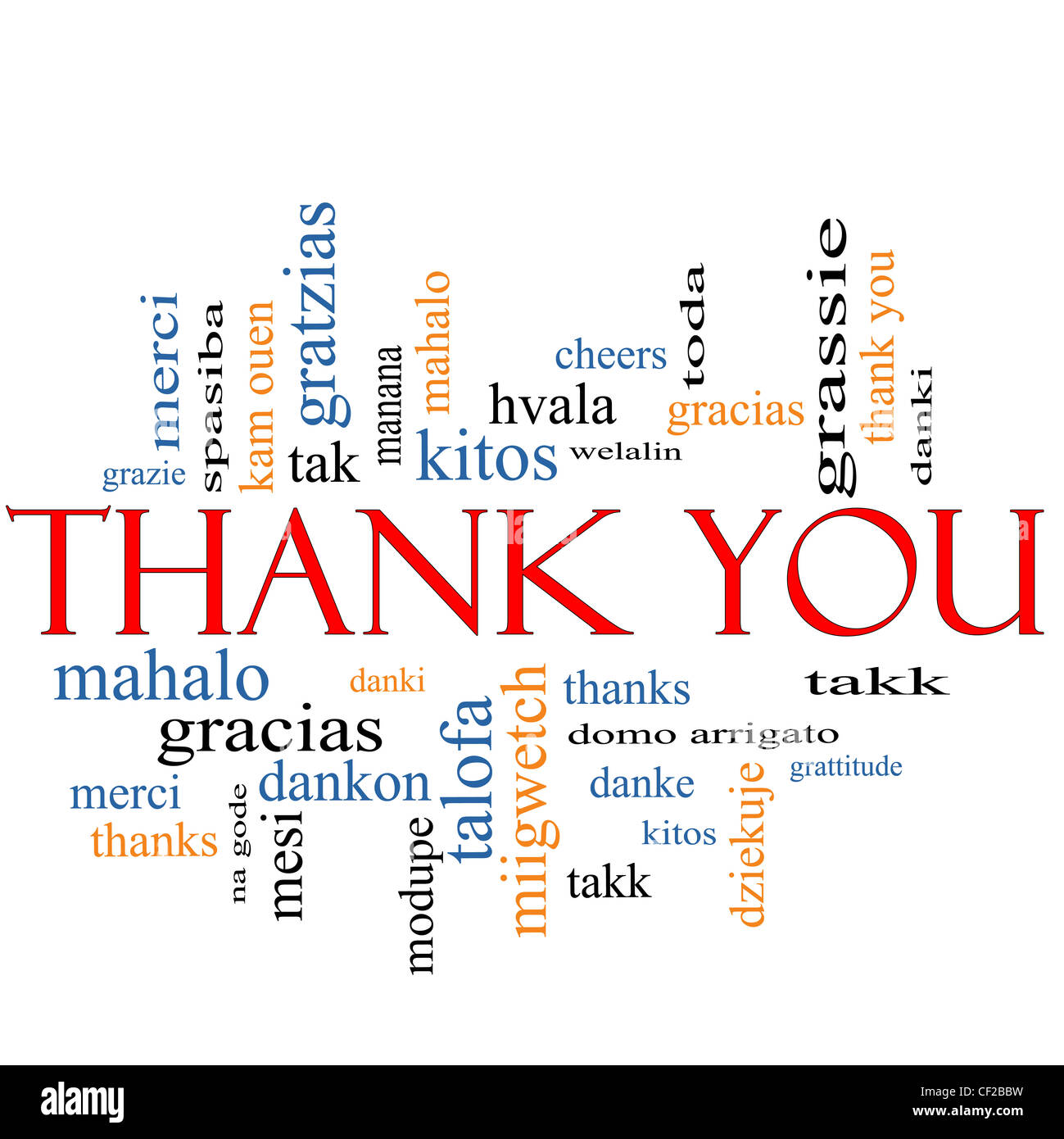 Vielen Dank Word Cloud-Konzept mit großen Begriffe in verschiedenen Sprachen wie Merci, Mahalo, Danke, Gracias, Tischbausystems und vieles mehr. Stockfoto