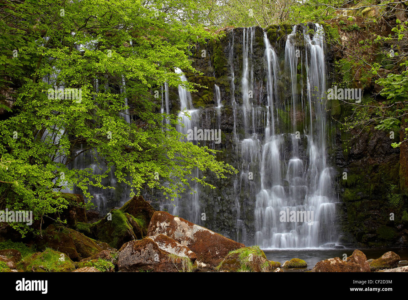 Hebden Beck kaskadenförmig über Felsen am Scala fällt. Stockfoto