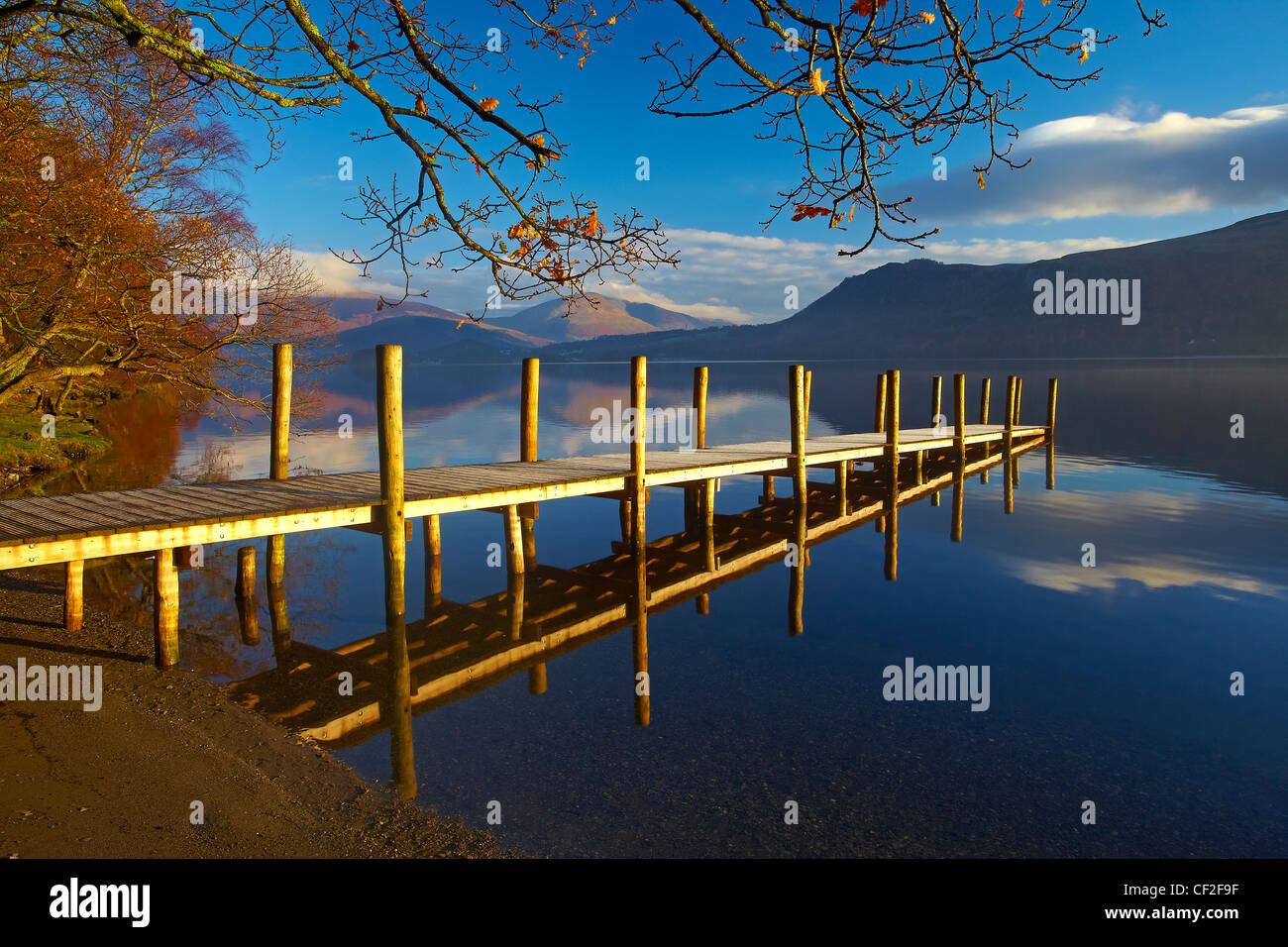 Herbstliche Ansicht von Brandelhow Jetty spiegelt sich in das Stille Wasser des Derwentwater im Lake District National Park. Stockfoto