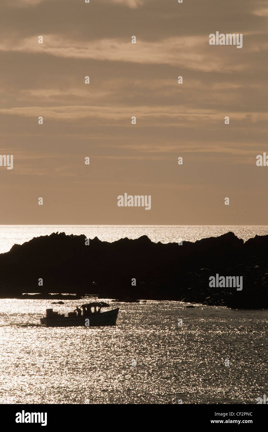 Ein kleines Fischerboot, nähert sich die Einfahrt zum Fischereihafen an der Berwickshire Küsten Stadt von Eyemouth. Stockfoto