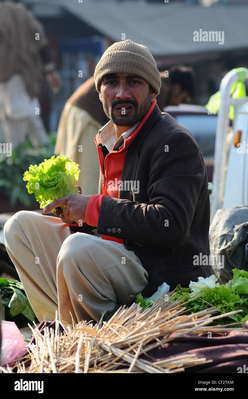 Ein junger Mann verkaufen Gemüse Obst und Gemüse Markt in Islamabad, Pakistan. Stockfoto