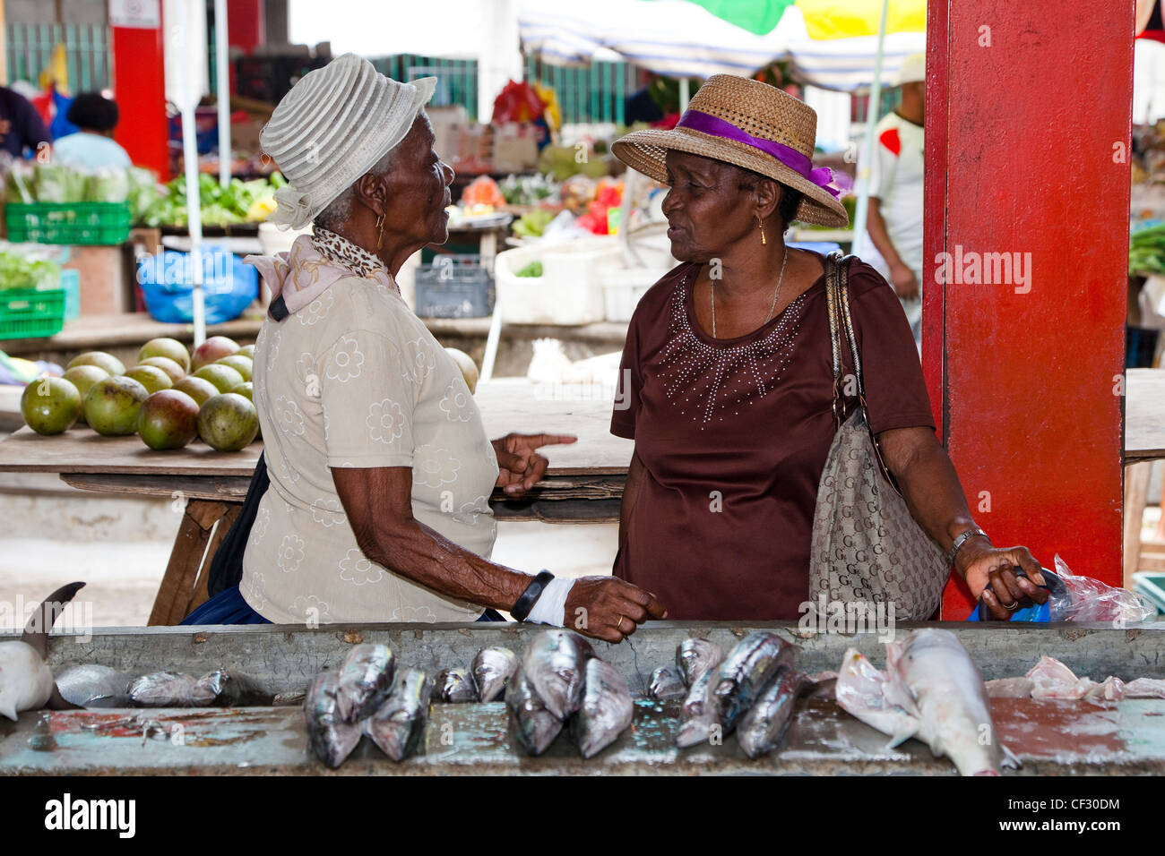 Zwei ältere Frauen treffen bei den Sir Selwyn Clark Fischmarkt, Victoria, Mahé, Seychellen Stockfoto