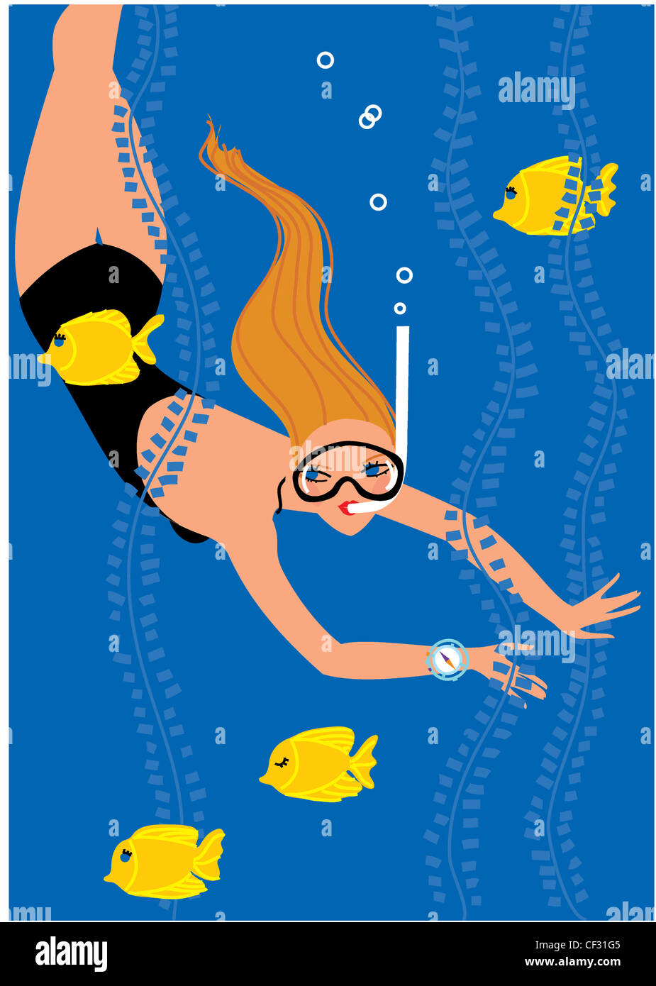 Wellness Horoskope Fische Illustration von einer weiblichen lange blonde Haare, trägt einen schwarzen Badeanzug, blaue Kompass, Schnorcheln Stockfoto