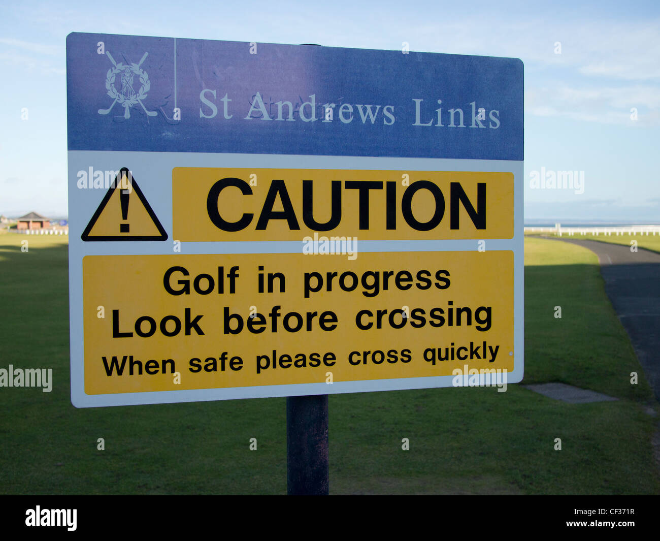 Vorsicht Zeichen, Old Course in St. Andrews, Schottland Stockfoto