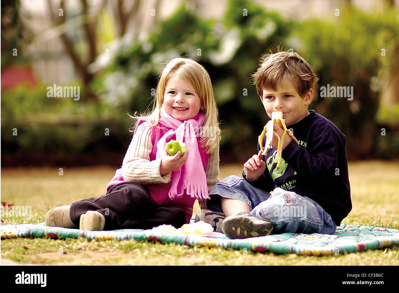 Blonde Frauen und Brünette männlich ungefähr vier Jahre alt, sitzt auf einer Decke in einem Park Essen einen Apfel und BananaReinier Brohn Stockfoto
