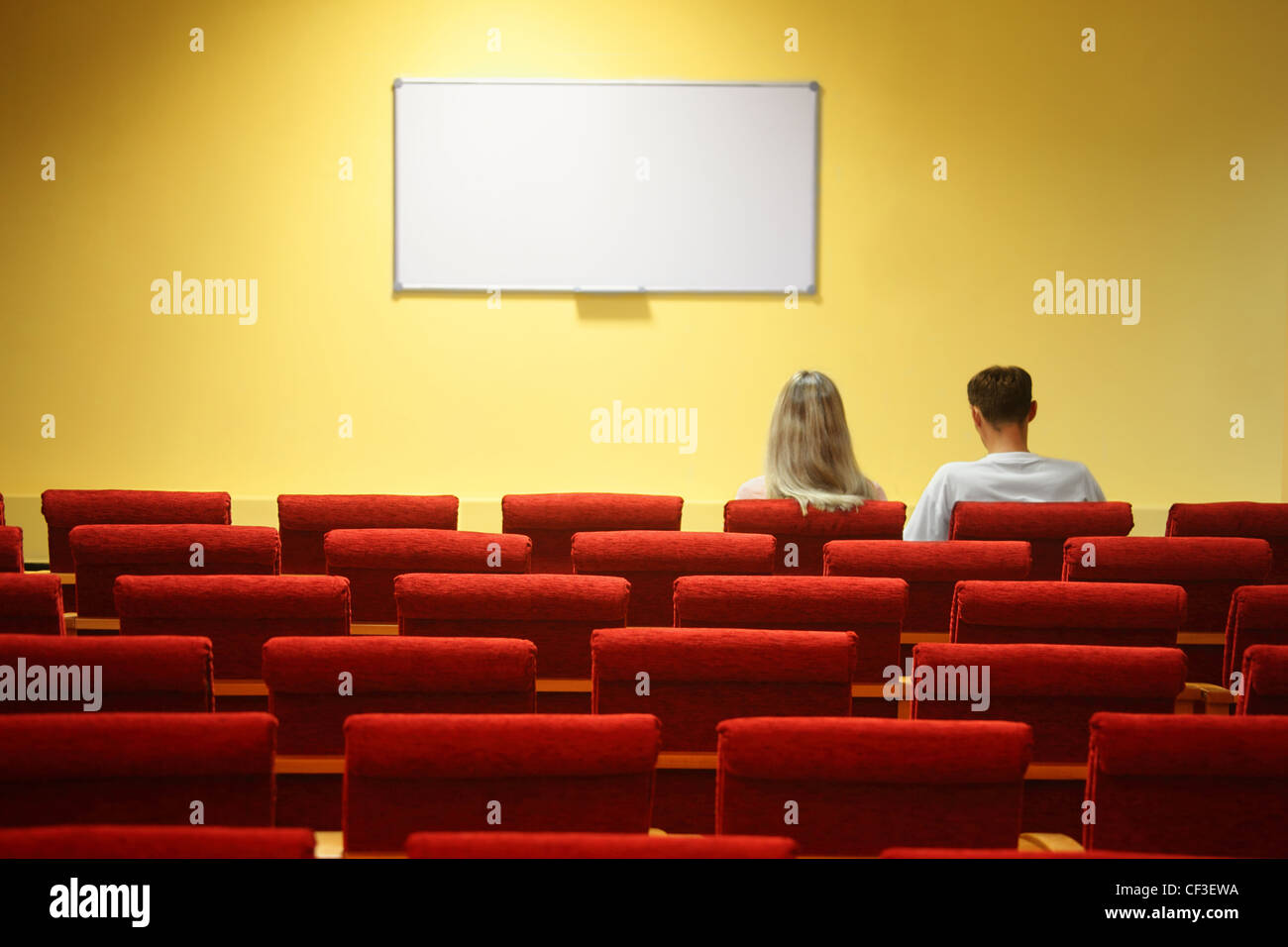 leere Konferenzsaal. ein Stuhlreihen. konzentrieren Sie sich auf eine dritte Sitzreihe. Mann und Frau sitzen auf Stühlen Stockfoto