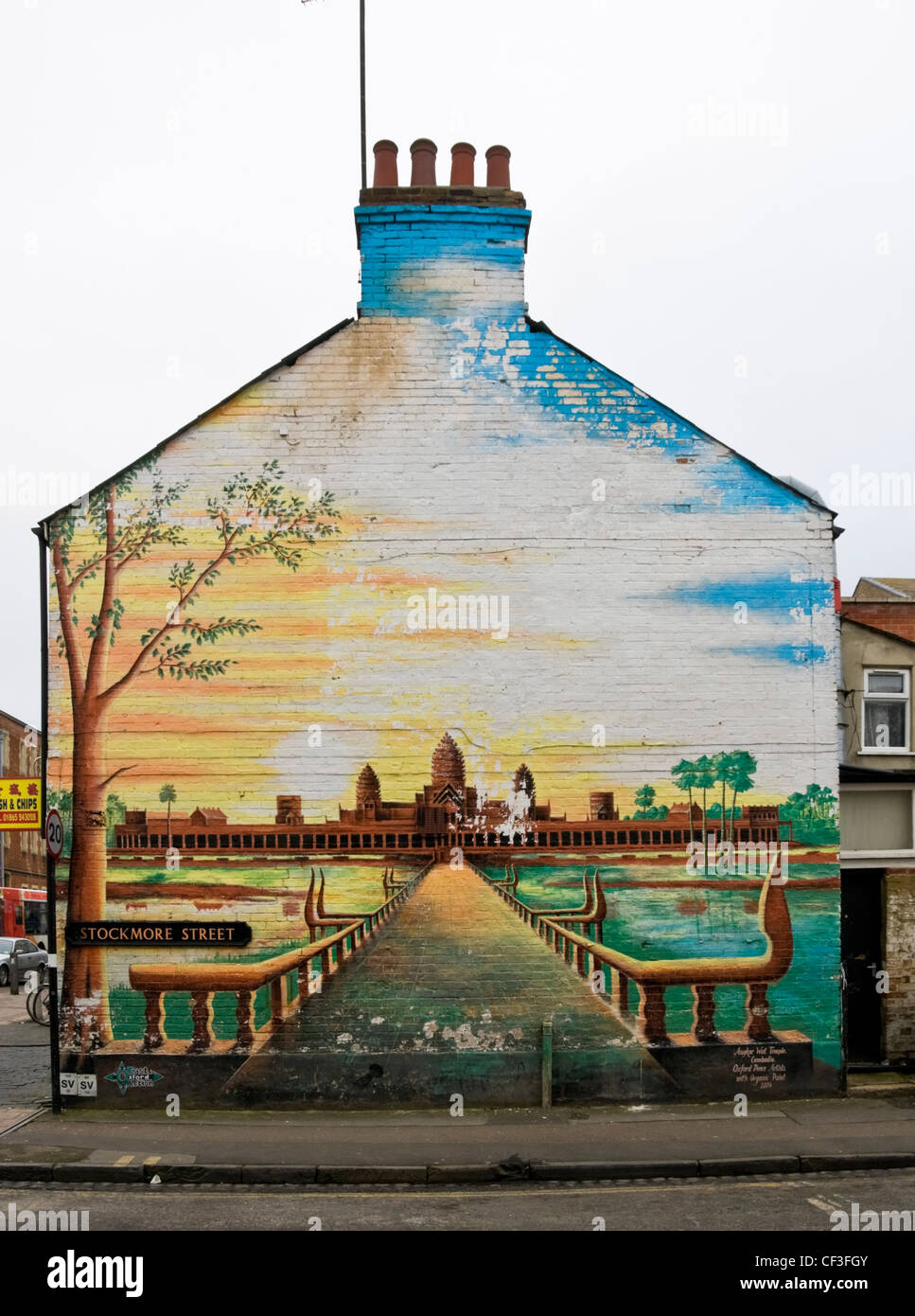 Malerei von Angkor Wat auf der Cowley Straße in Oxford. Stockfoto