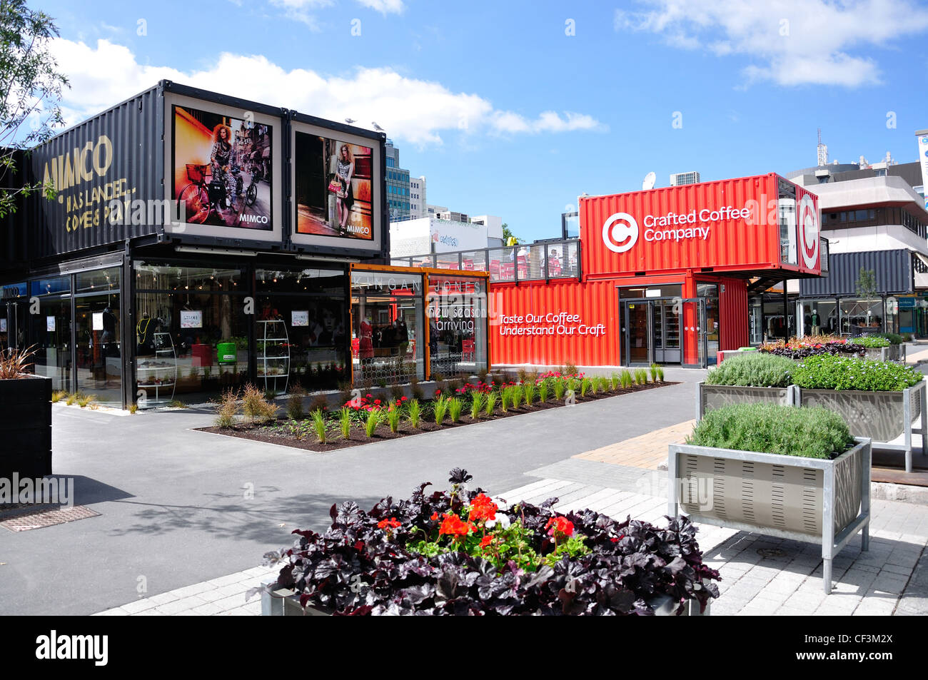 Re: Start Containerstadt nach dem Erdbeben, Cashel Mall, CBD, Christchurch, Canterbury District, Neuseeland aufgebaut Stockfoto
