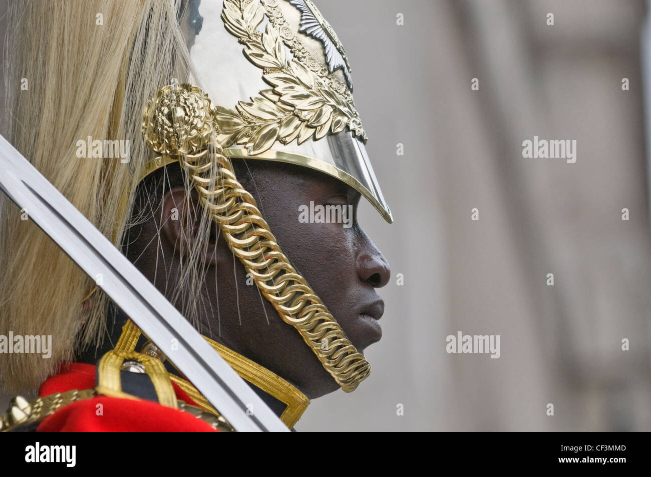 Seitenansicht eines Soldaten der Household Cavalry auf Wache am Horse Guards in Whitehall. Stockfoto