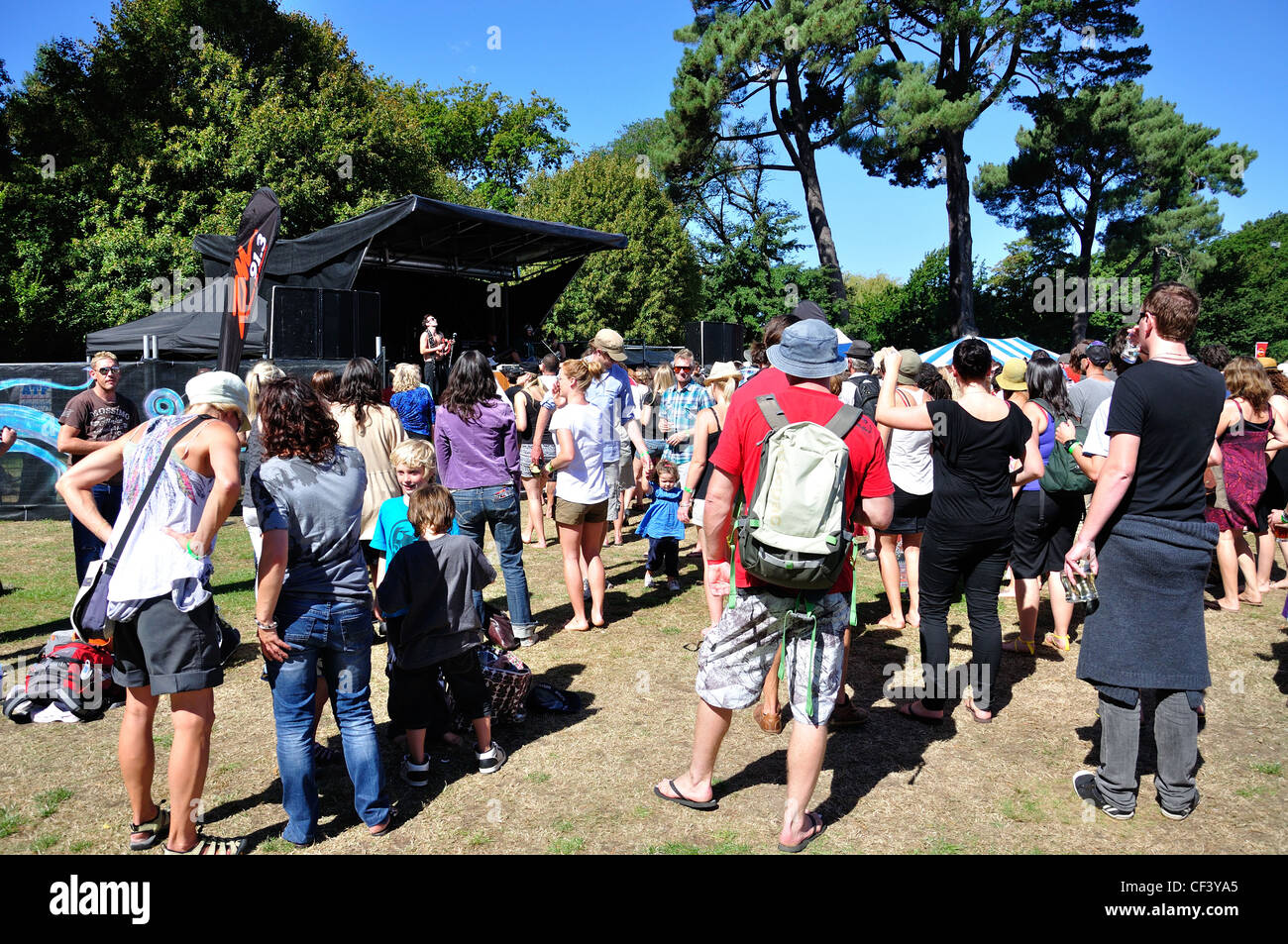 Musikbühne am The Great Kiwi Beer Festival, Hagley Park, Christchurch, Canterbury District, Neuseeland Stockfoto