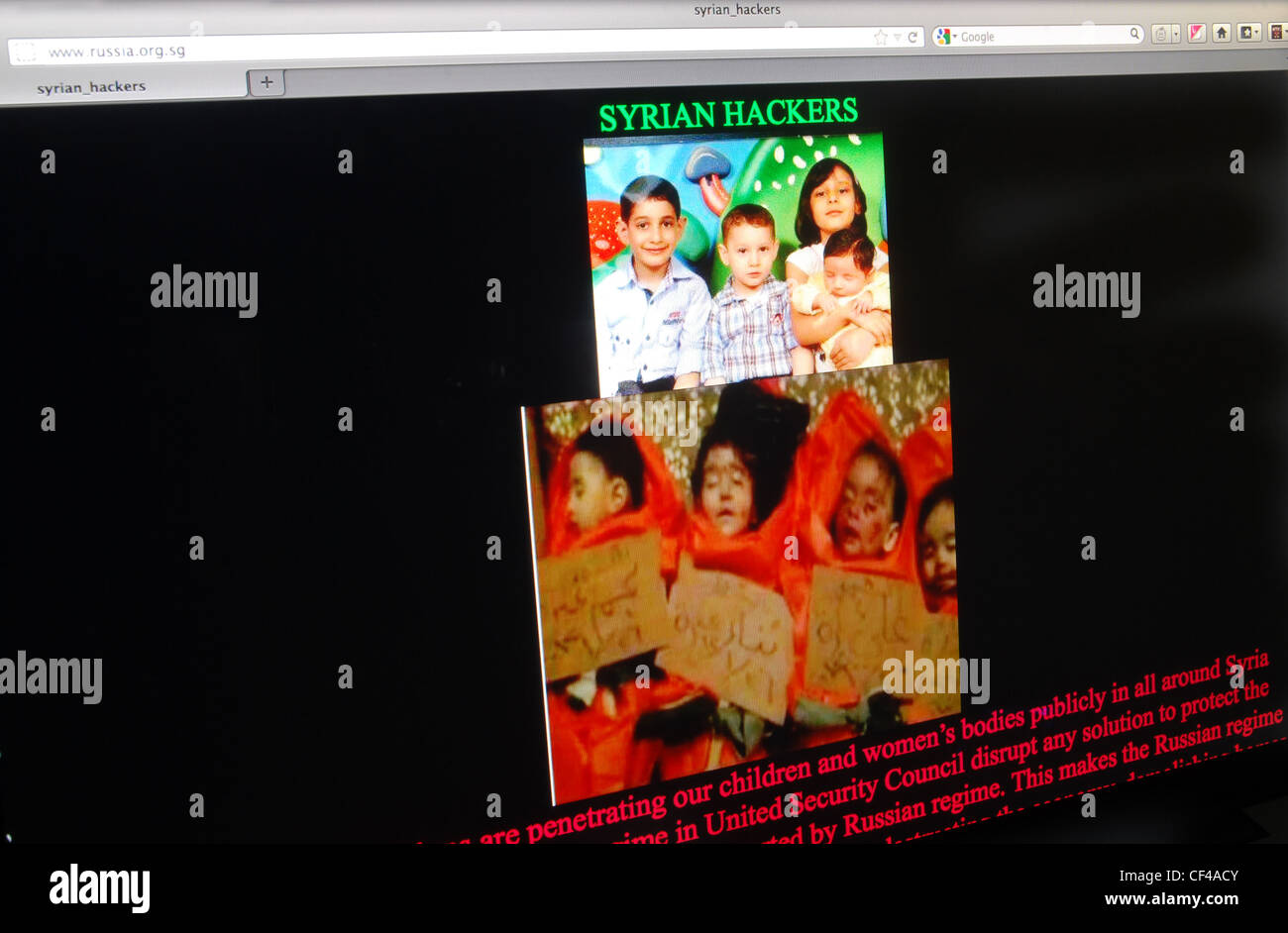 Webseite gehackt von syrischen Hacktivisten zeigt Fotos von vier syrische Kinder bei hartem Durchgreifen der Regierung getötet. Stockfoto