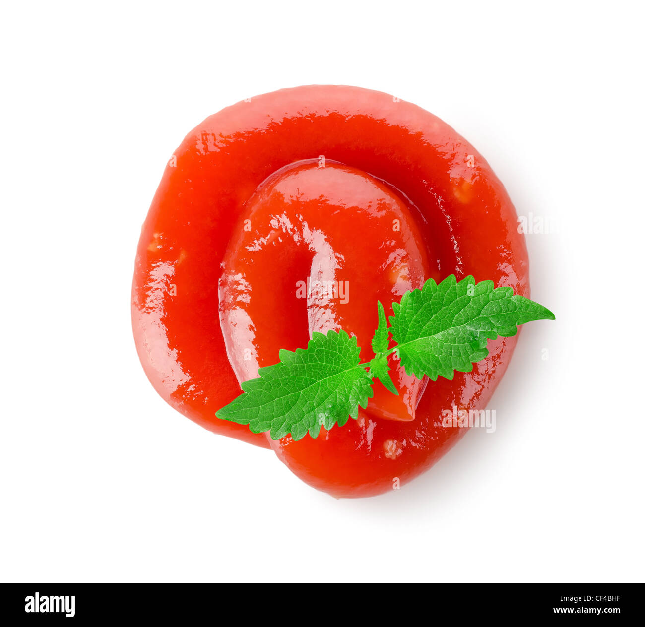 Tomaten-Ketchup-Sauce und Minze isoliert auf einem weißen Hintergrund. Stockfoto
