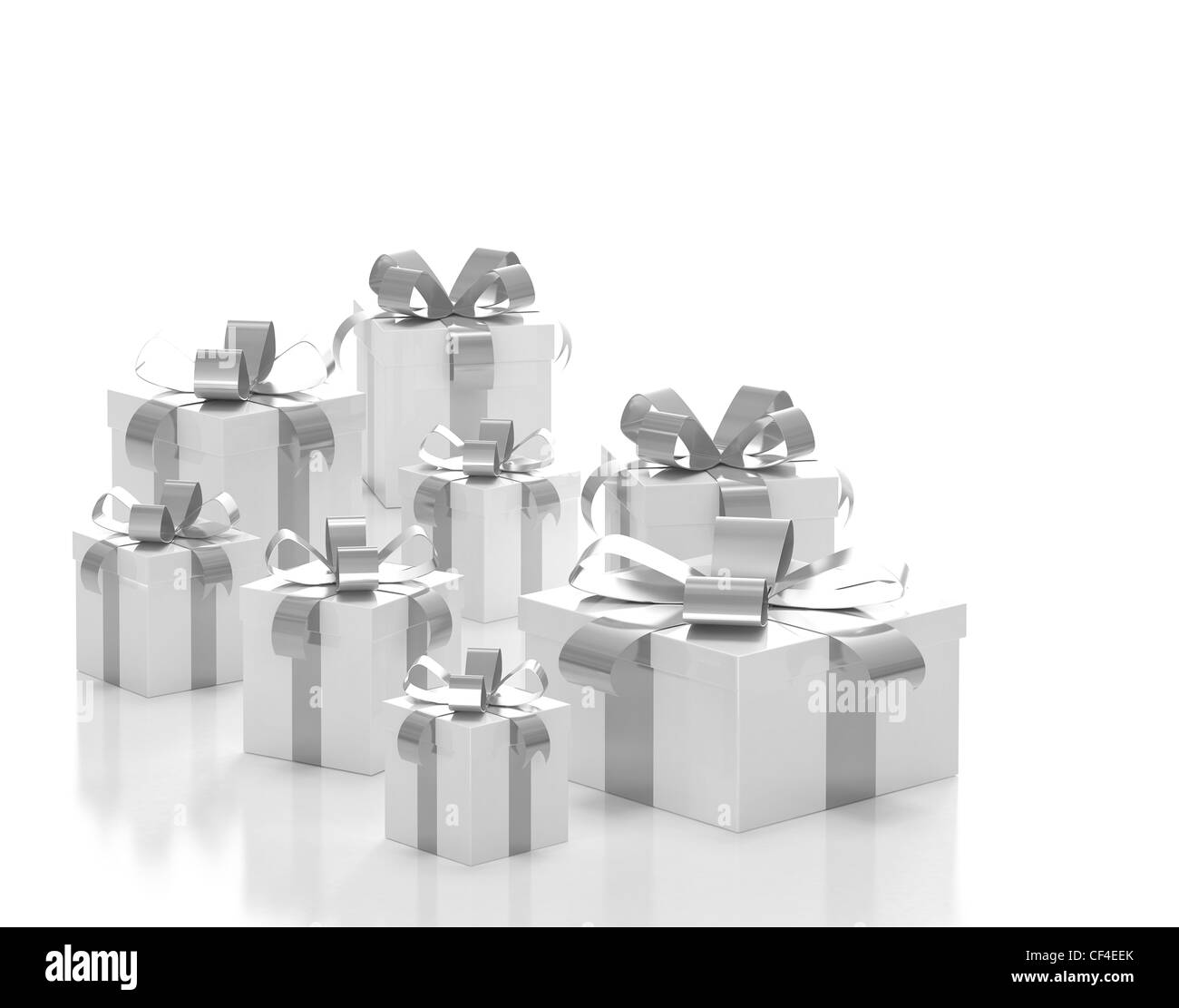 Gruppe von Silberband Geschenkboxen Stockfoto