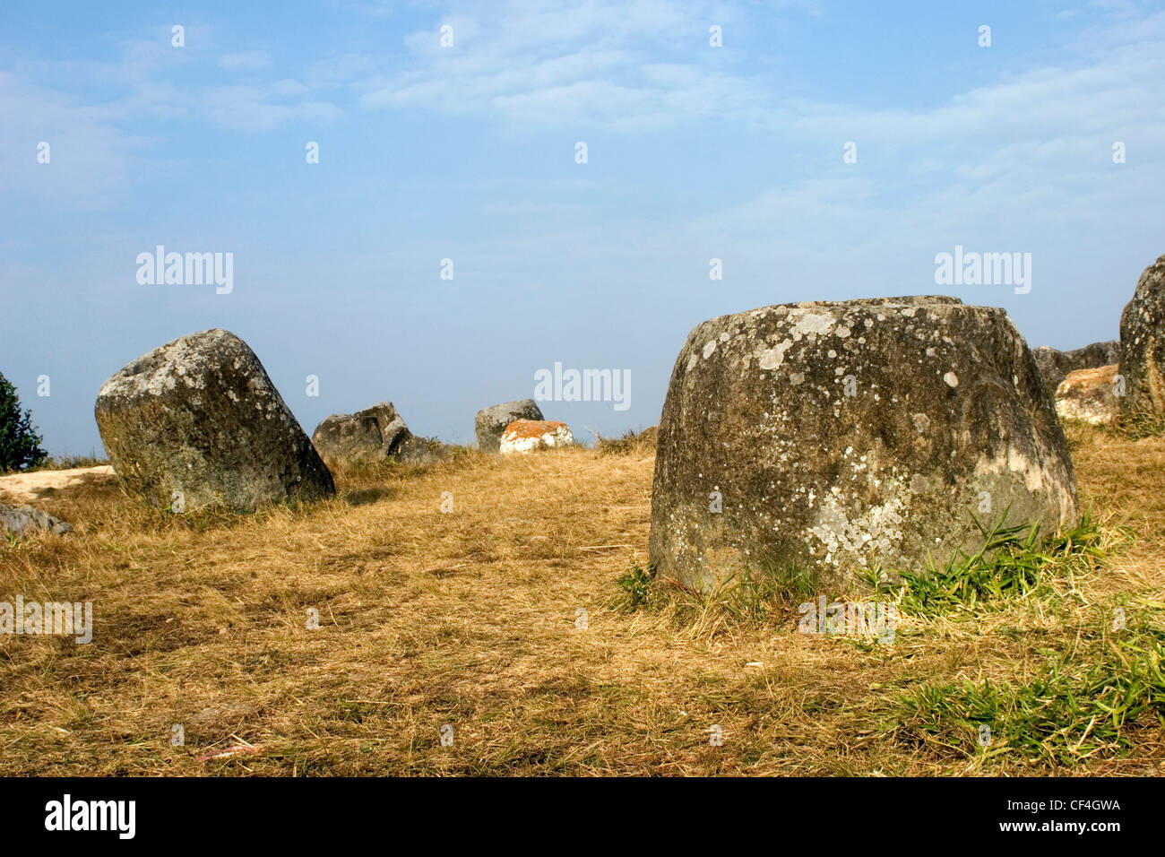 Stein-Gläser in einem Feld sind auf dem Display auf Ebene der Gläser archäologische Stätte in Phonsavan, Laos. Stockfoto