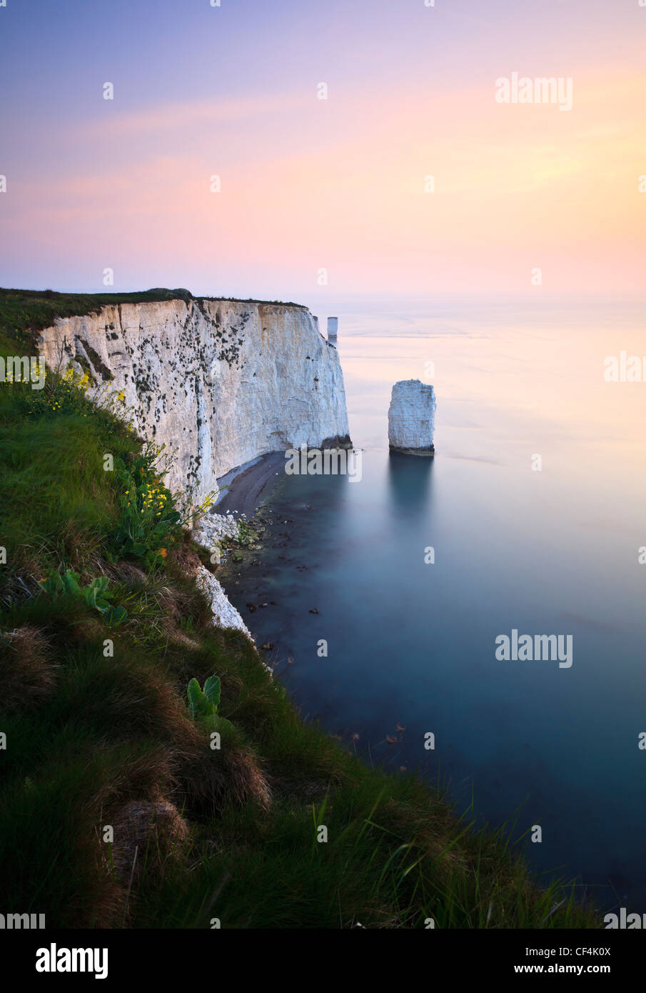 Blick auf Old Harry Rocks von Handfast Punkt, Swanage, im Morgengrauen. Stockfoto