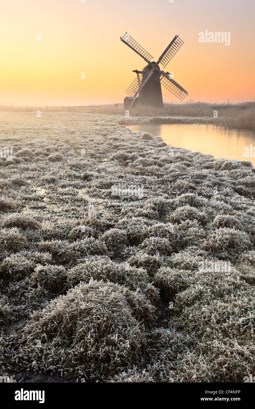 Blick über frostigen Boden Herringfleet Kittel Mühle im Nebel an einem Wintermorgen. Stockfoto