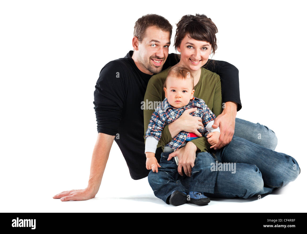 Foto von einer neuen Familie genießen isoliert auf weißem Hintergrund Stockfoto