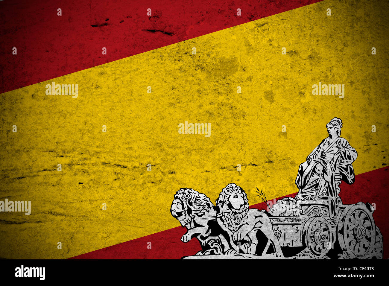 Nahaufnahme einer Abbildung Retro der spanischen Flagge bedruckt mit einer Zeichnung von der Skulptur der Cibeles-Brunnen. Stockfoto