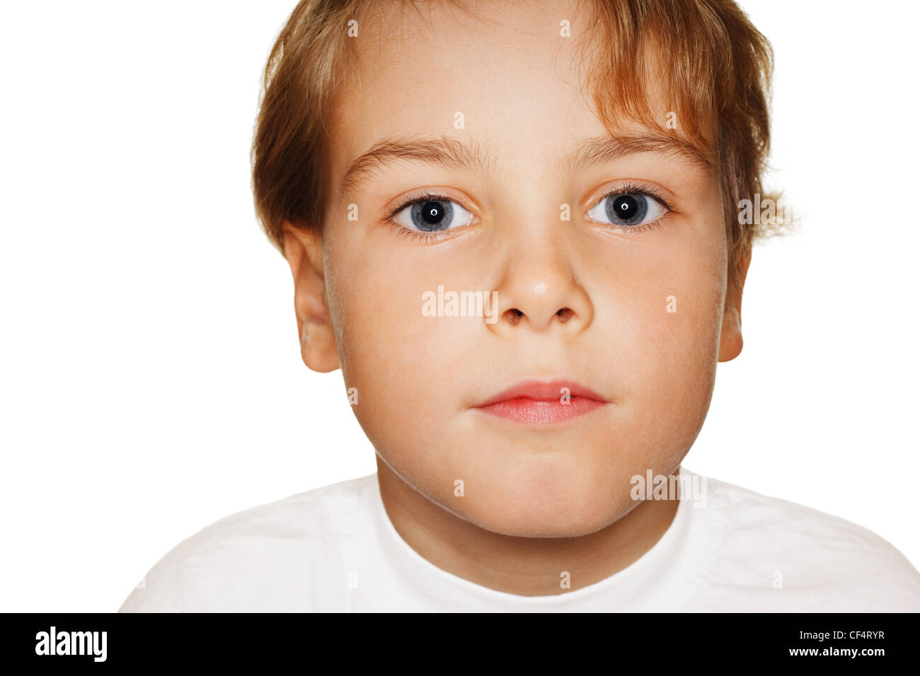 Porträt Kleinkind in einem weißen T-shirt Fotostudio, Kopf nach oben. Ringblitz Stockfoto