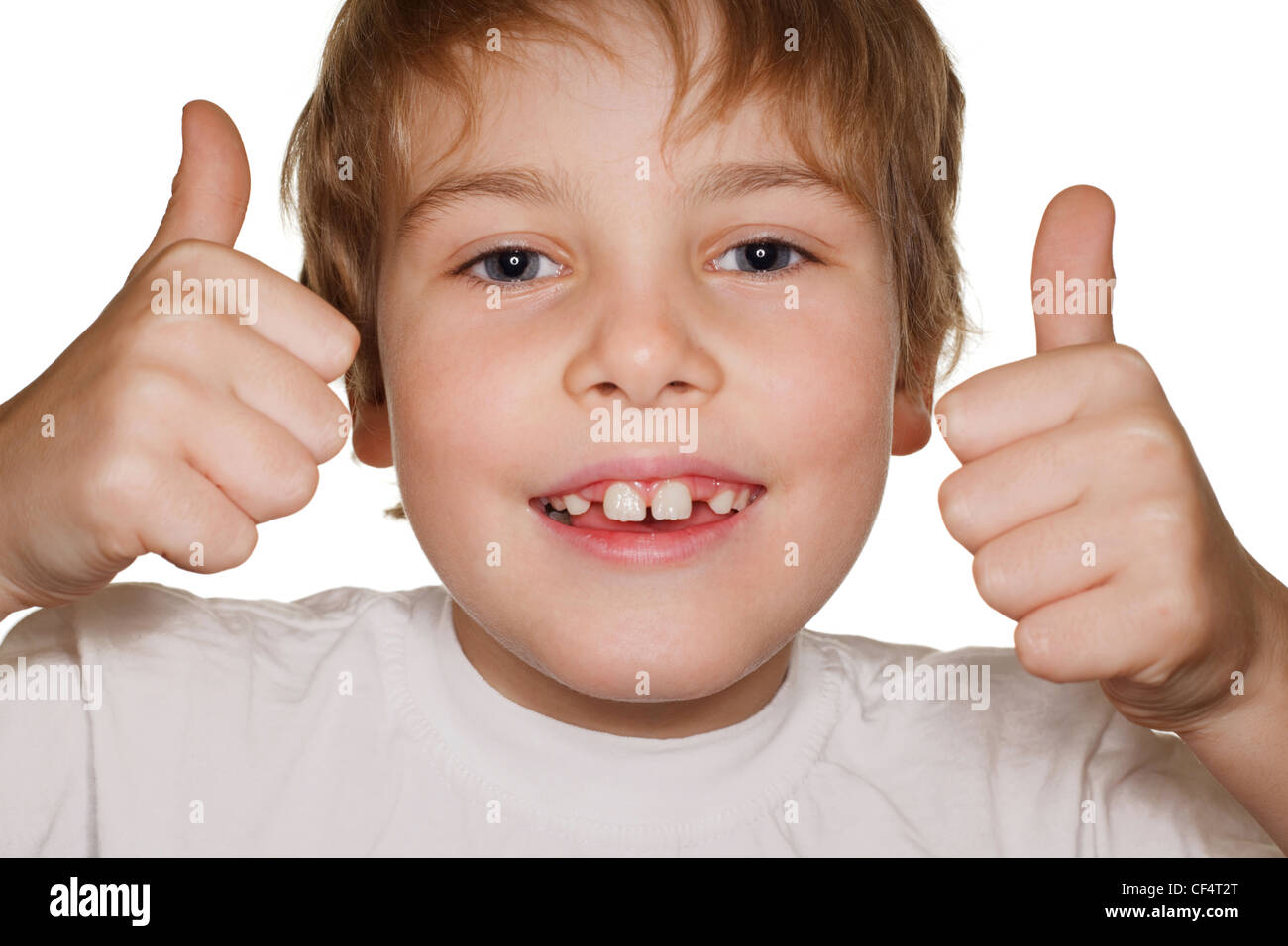 Porträt Kleinkind in einem weißen T-shirt Fotostudio Lächeln auf den Lippen und Hände hoch. Ringblitz Stockfoto