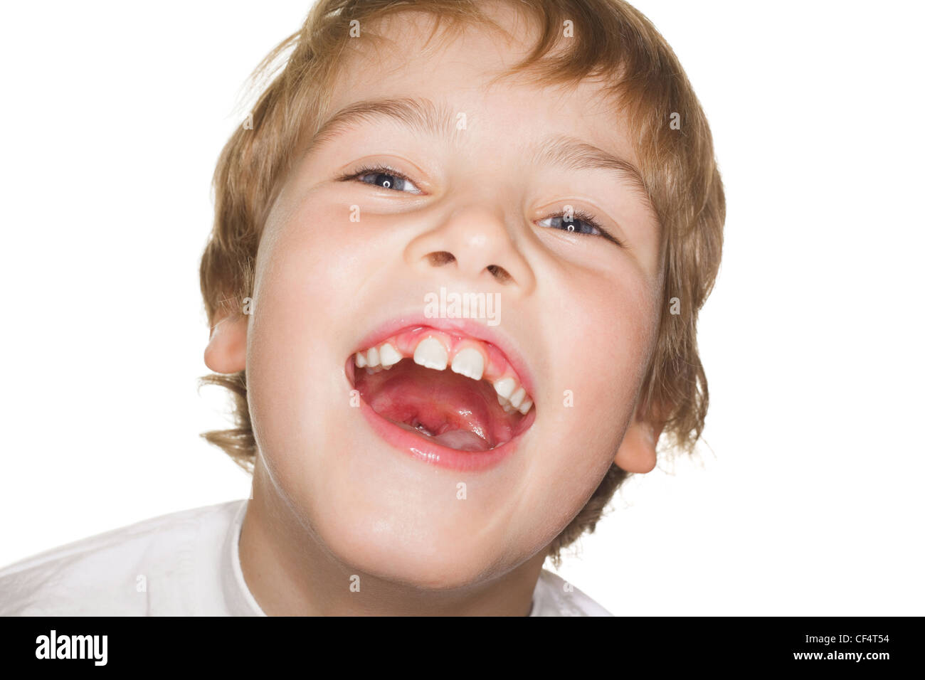 Porträt Kleinkind in einem weißen T-shirt Fotostudio, Mund öffnen. Lachen Stockfoto