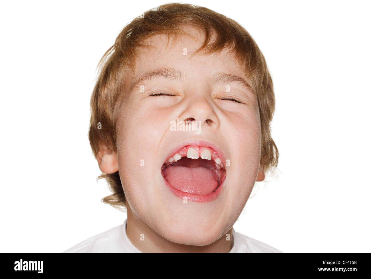 Porträt Kleinkind in einem weißen T-shirt Fotostudio, offenem Mund und Augen schließen. Lachen Stockfoto