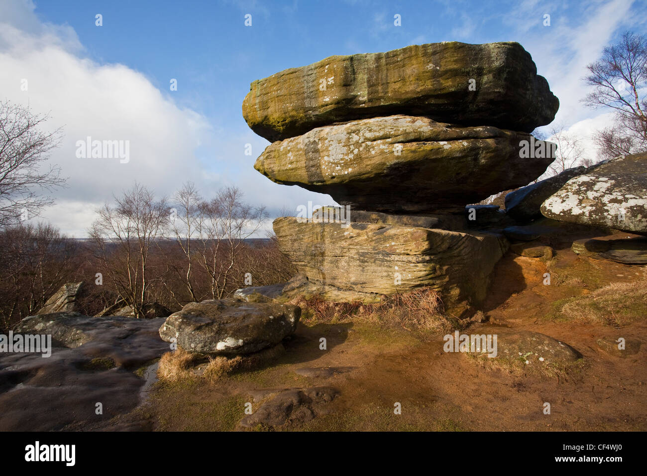 Brimham Rocks gebildet vom Mühlstein Grit ausgesetzt und über Millionen von Jahren erodiert, die bizarren geformten Felsen zu bilden, die sein können Stockfoto