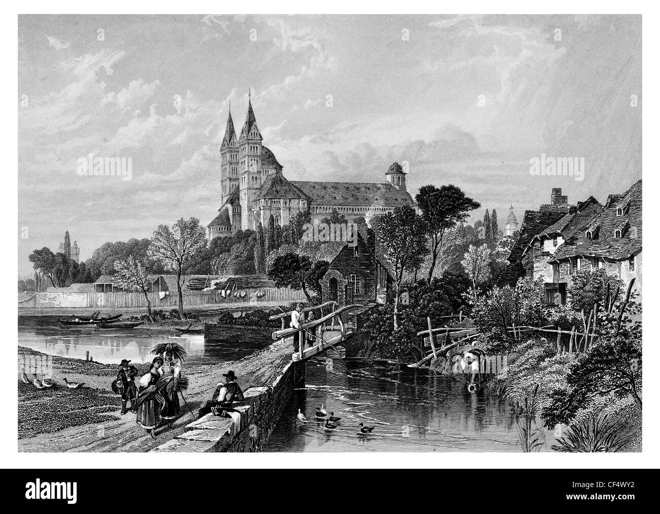 Fluss Holzbrücke Turmspitzen 1860 der Kirche Stockfoto