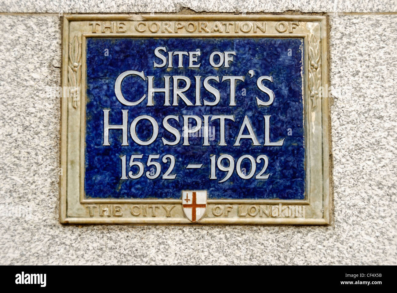 Plakette markiert den ehemaligen Standort des Christi Krankenhaus in Newgate Street. Stockfoto