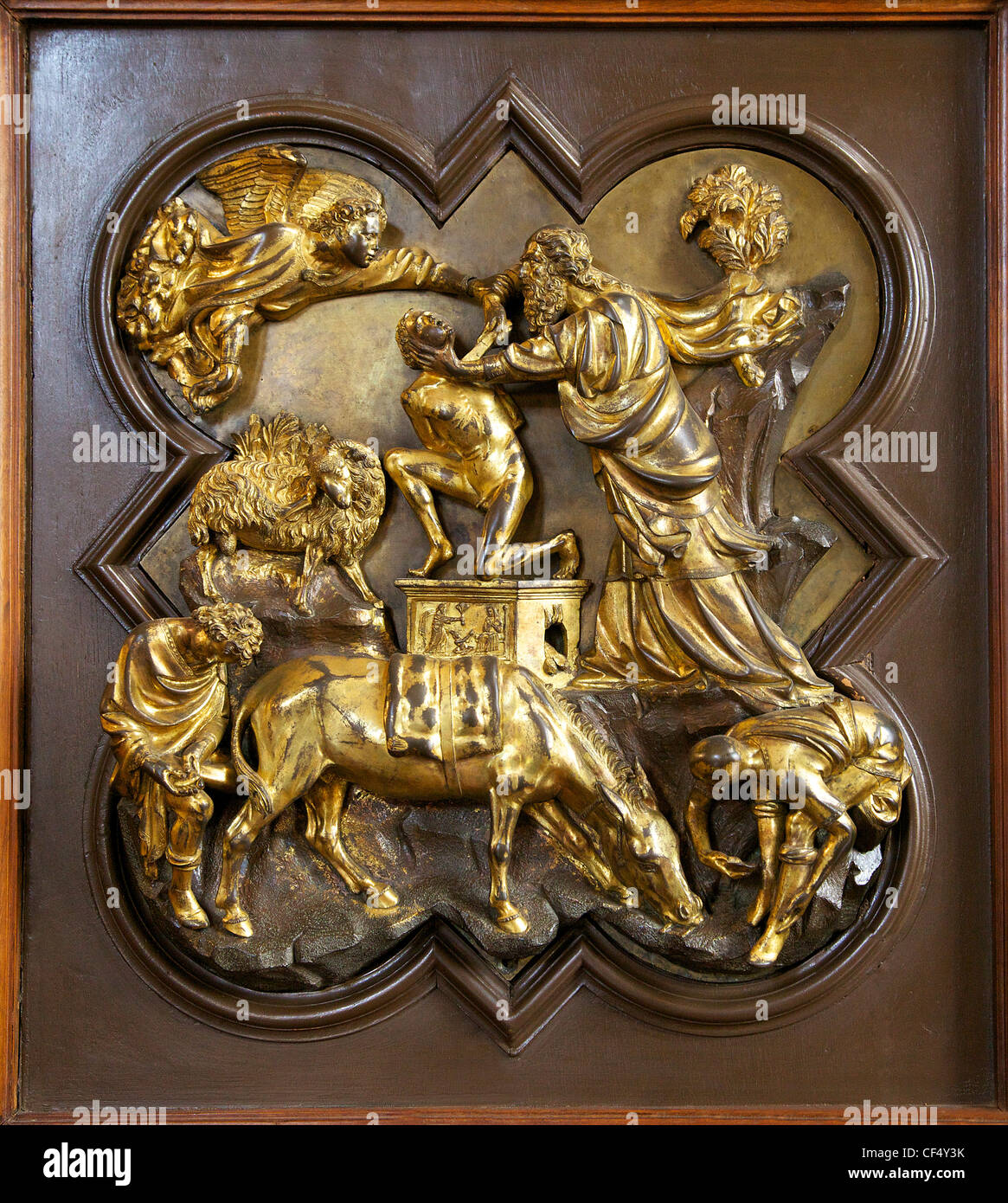 Abraham über töten Isaak, Bronze-Panel von Brunelleschi, Baptisterium Türen Wettbewerb Panel, 1401, Bargello, Florenz, Toskana, Stockfoto