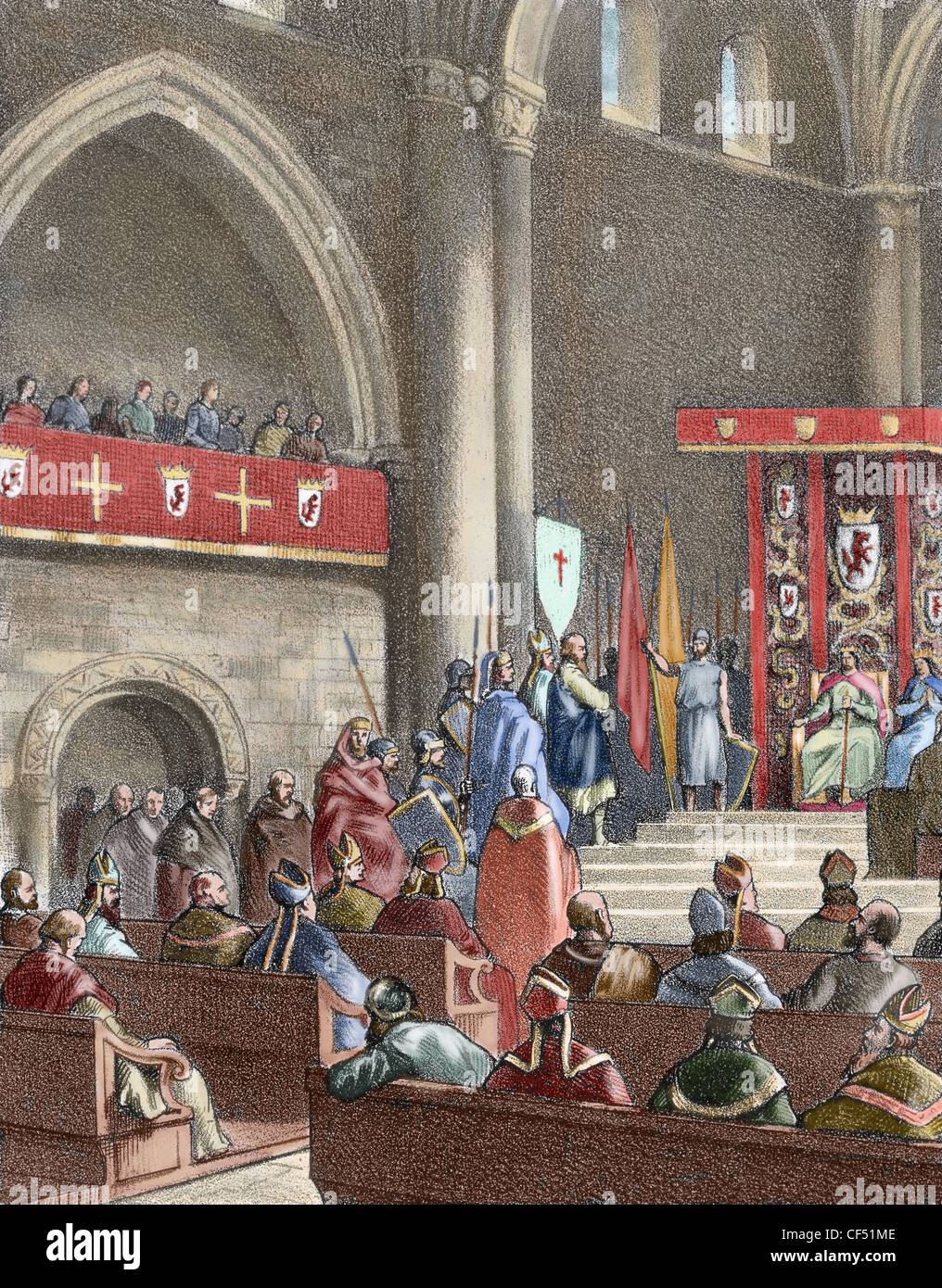 Alfons v. (994-1028), die edlen genannt. Der König führt den Vorsitz der Rat Leon, gehalten in 1020. Spanien. Farbige Gravur. Stockfoto Alfons v. (994-1028), die edlen genannt. Der König führt den Vorsitz der Rat Leon, gehalten in 1020. Spanien. Farbige Gravur. Stockfoto