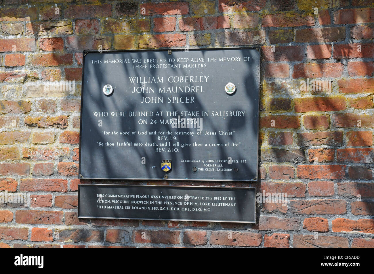 Denkmal für die protestantischen Märtyrer von Salisbury William Coberley John Maundrel John Spicer Stockfoto