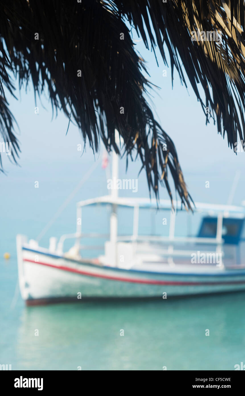 Griechenland, Ionische Inseln, Ithaka, Blick auf Palmblatt mit Boot im Meer Stockfoto