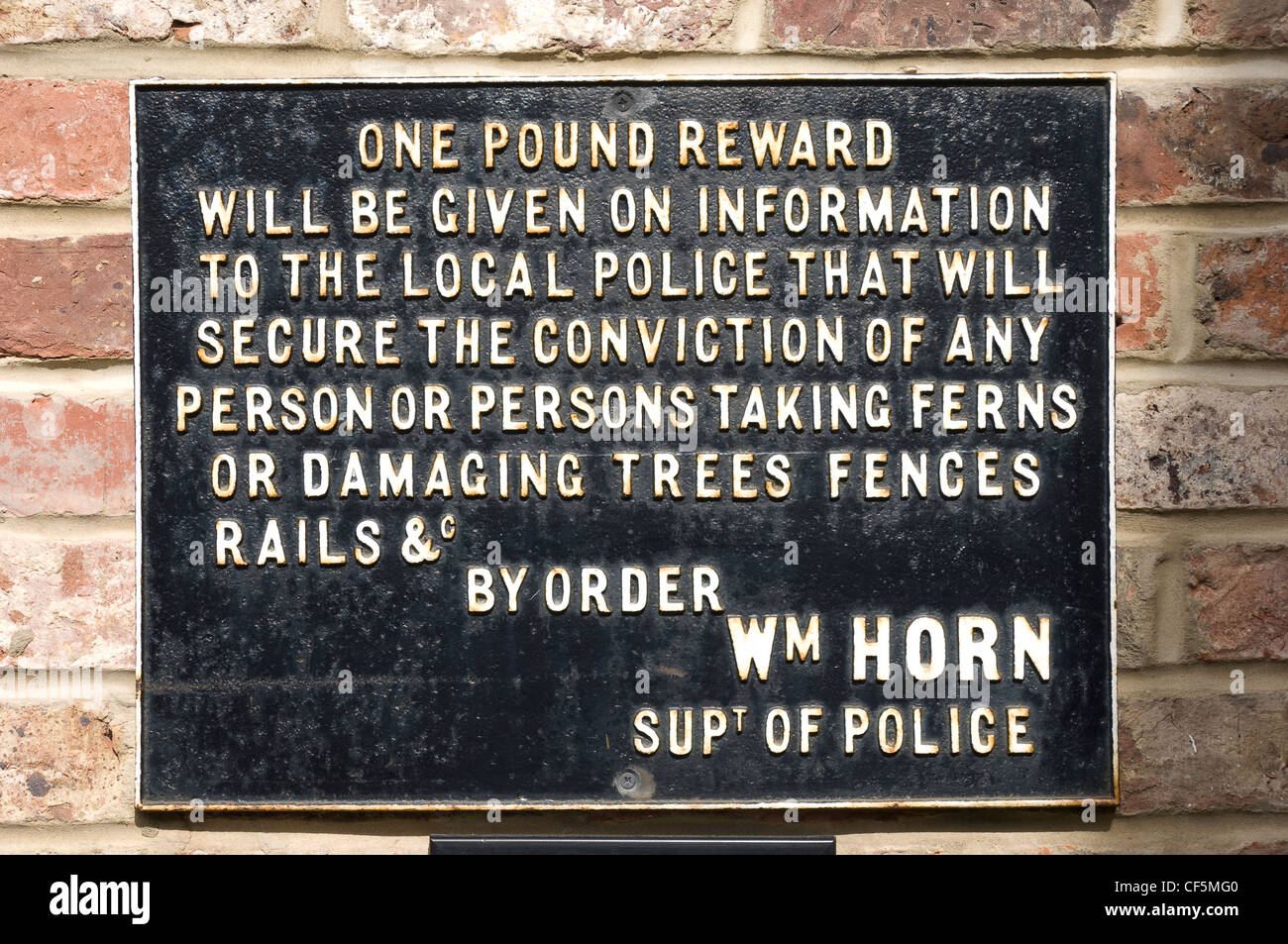 Eisenbahn-Zeichen eine Belohnung von einem Pfund für Informationen zu eine Verurteilung für Personen oder Personen, die Farne oder damagin sichern Stockfoto