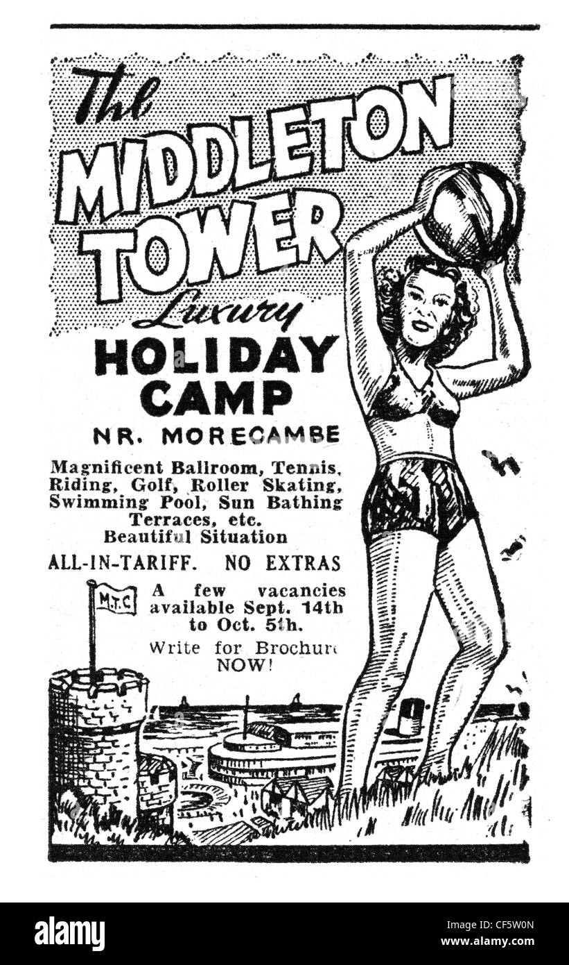Urlaub-Werbung für Middleton Tower Holiday Camp in Morecambe 1946 Stockfoto