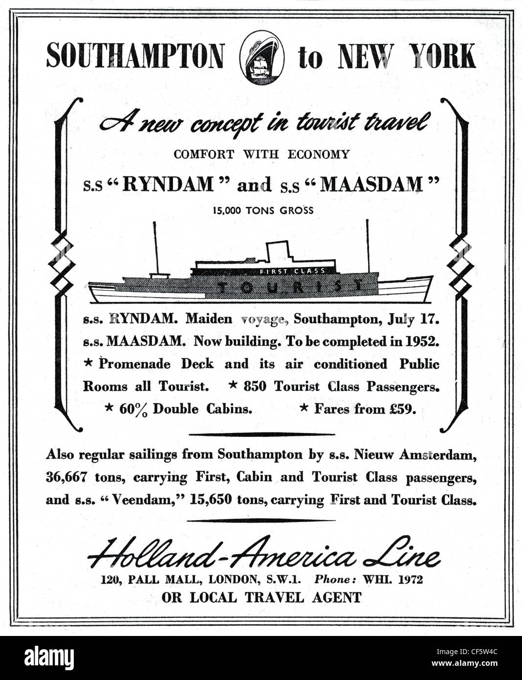 Holland America Line Kreuzfahrt Schiff reisen Anzeige 1951 Stockfoto