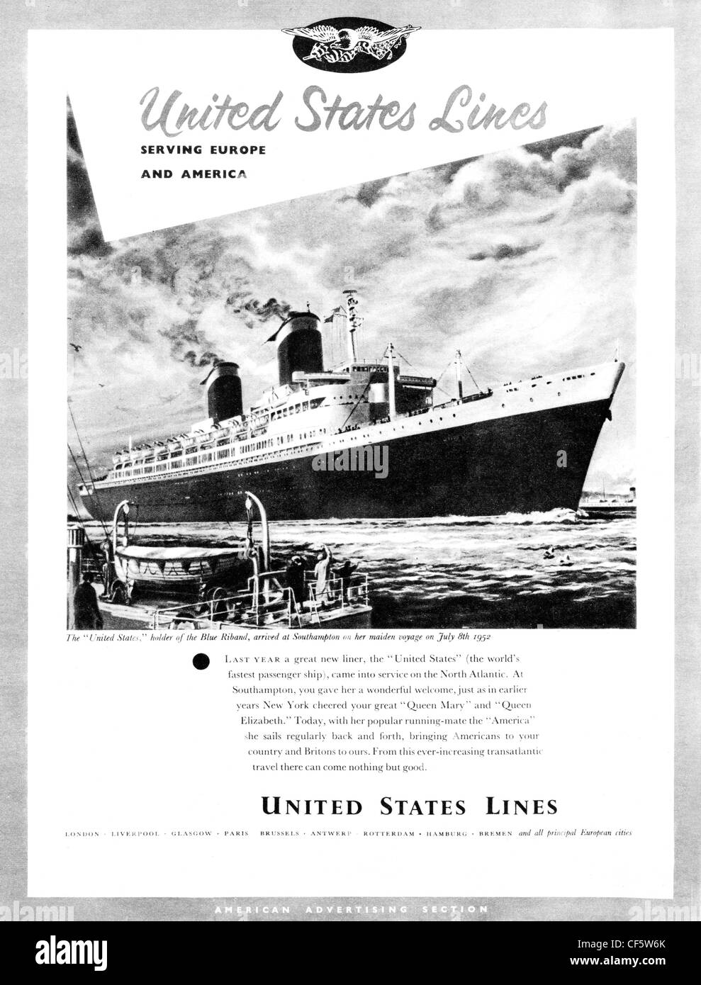United States Lines Kreuzfahrt Schiff reisen Anzeige aus dem Jahr 1953 Stockfoto