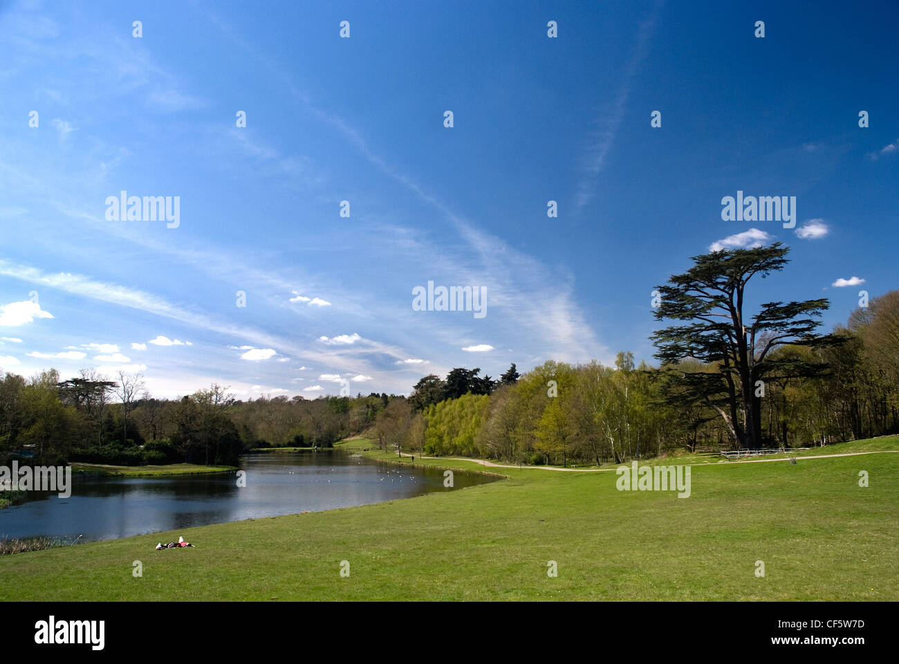 Ein paar entspannende auf dem Rasen an einem See im Painshill Park, einem sorgfältig restaurierten 18. Jahrhundert Landschaft Park entworfen und erstellen Stockfoto
