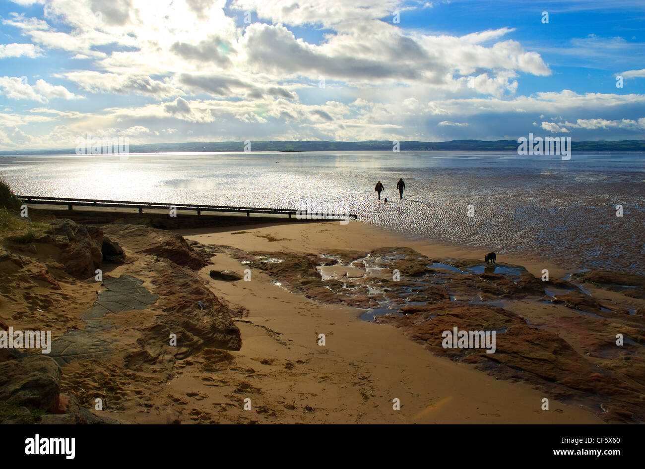 Menschen, die das Wattenmeer an der Mündung des Dee ihre Hunde spazieren. Stockfoto