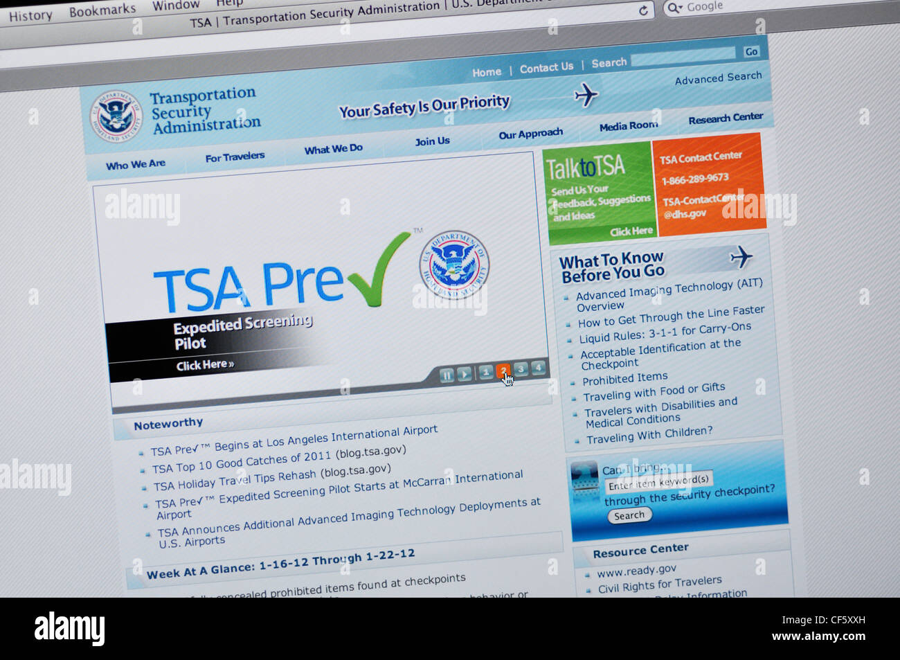 Website der TSA - Transport-Sicherheitsbehörde, USA Stockfoto