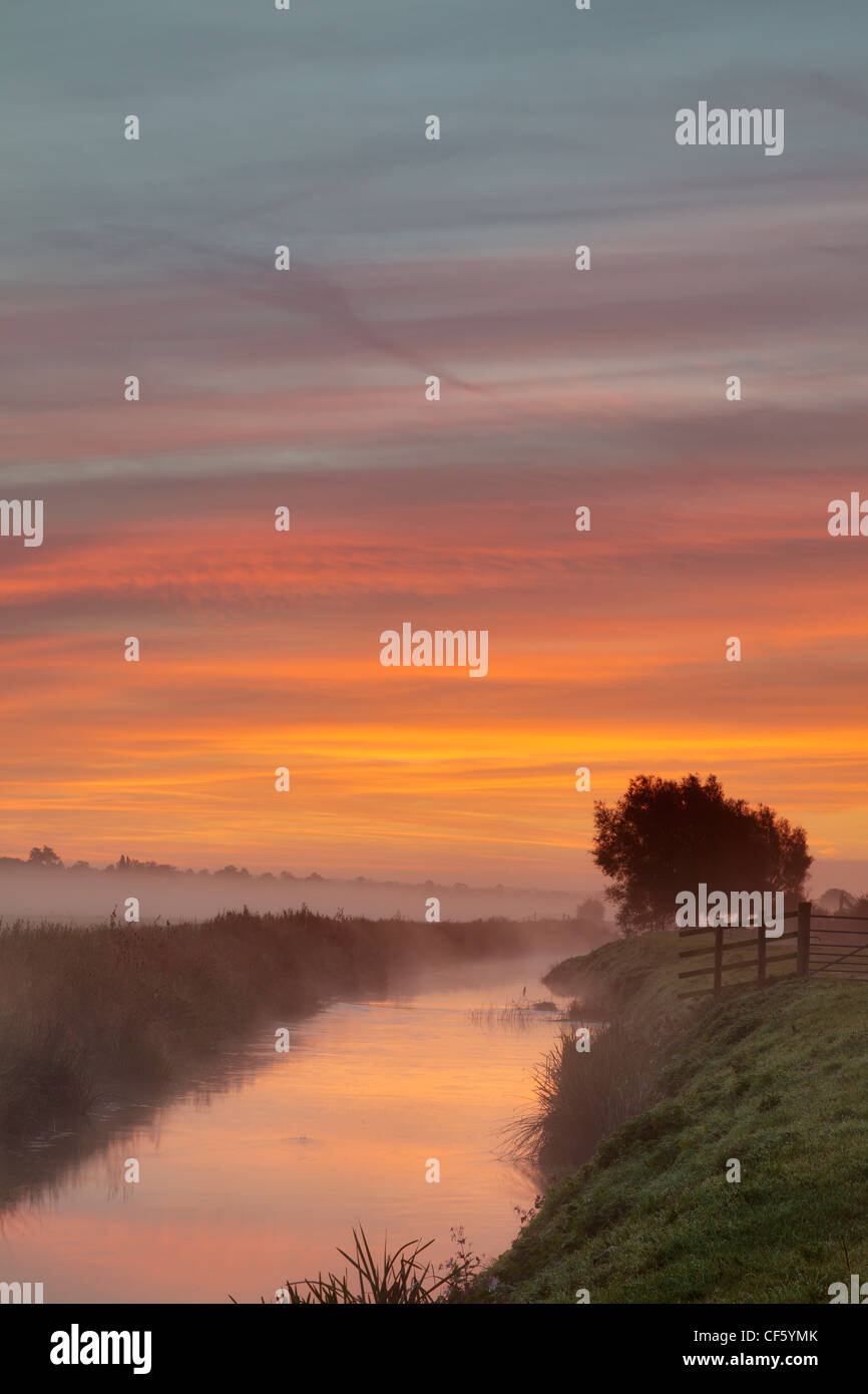 Ein nebliger Sonnenaufgang über dem Fluss Brue. Stockfoto