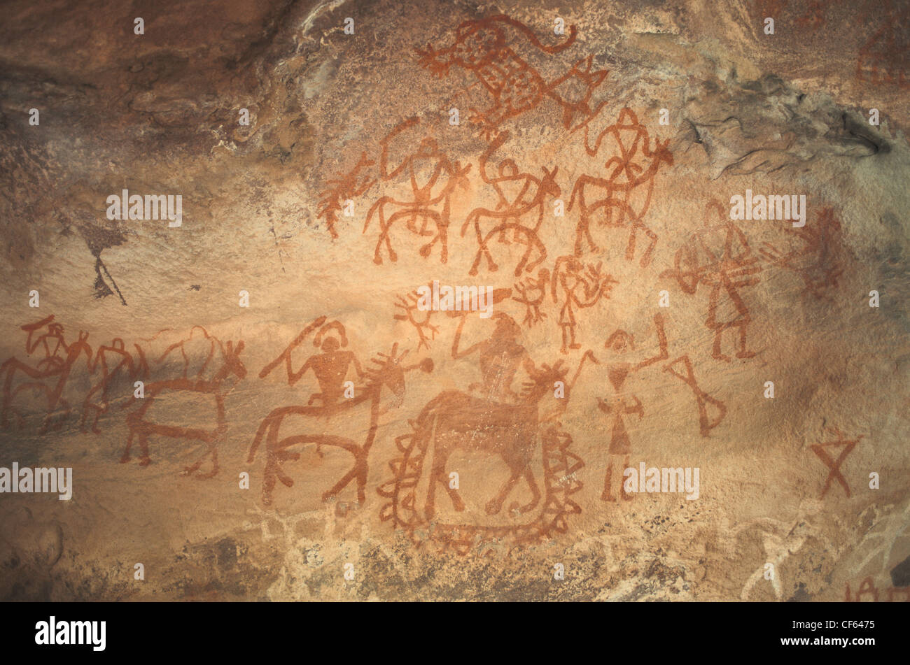 Felszeichnungen zeigen Reiter (Indien) Stockfoto