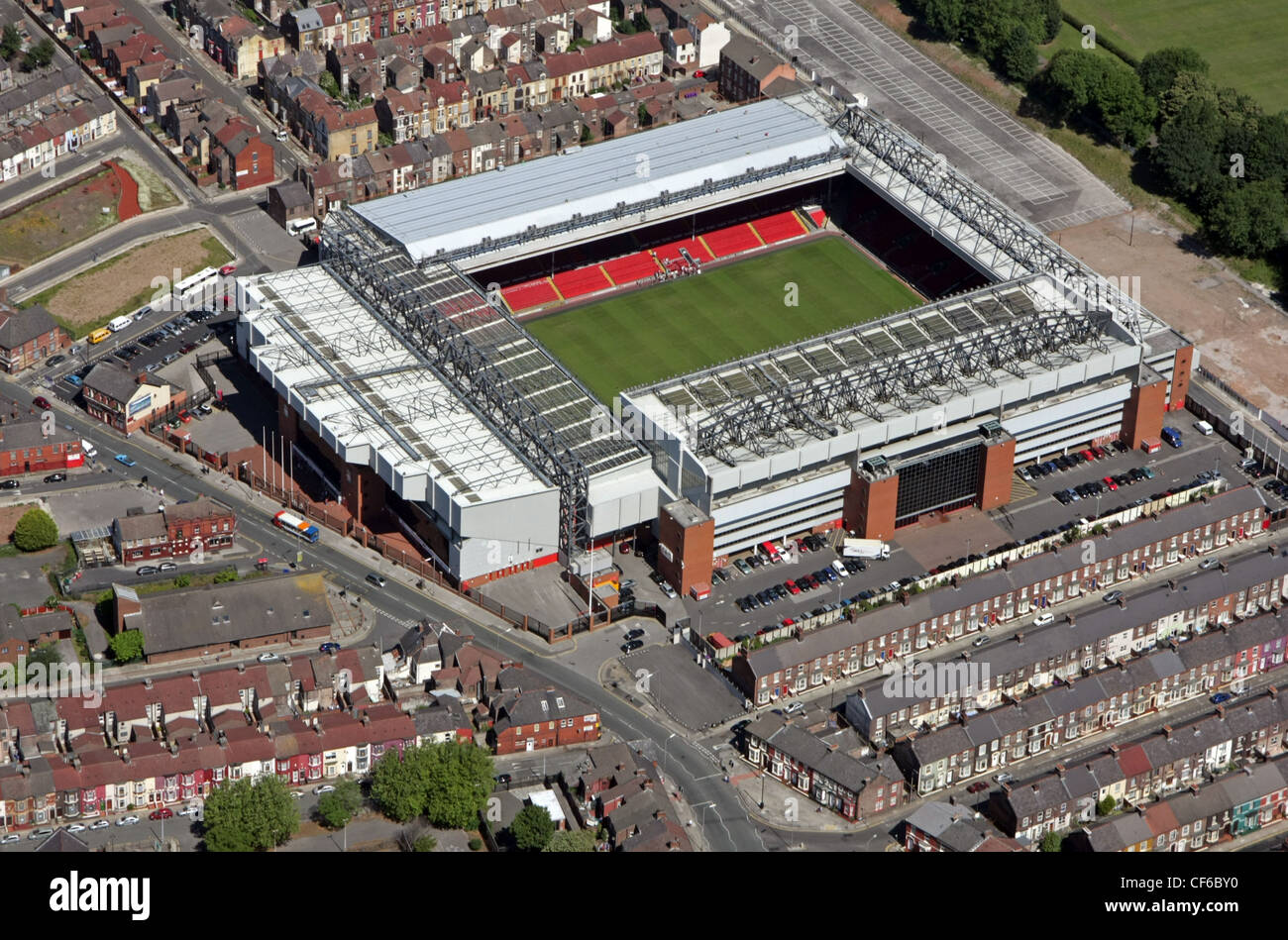 Luftaufnahme des FC Liverpool Anfield Road Fußballstadion Stockfoto