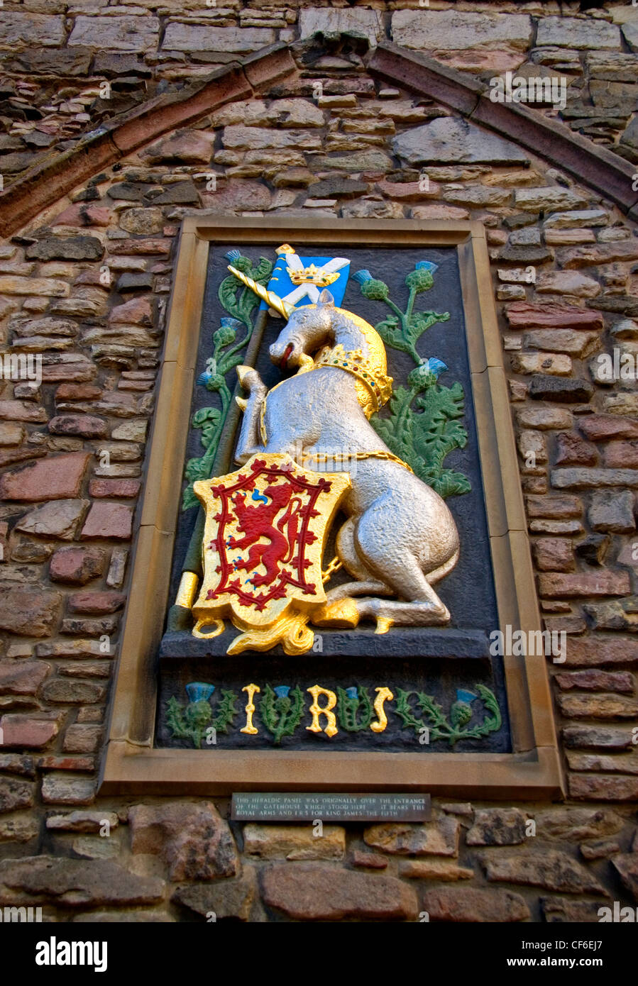 Detail das königlichen Wappen von König Jakob v. im Holyrood Palace. Stockfoto