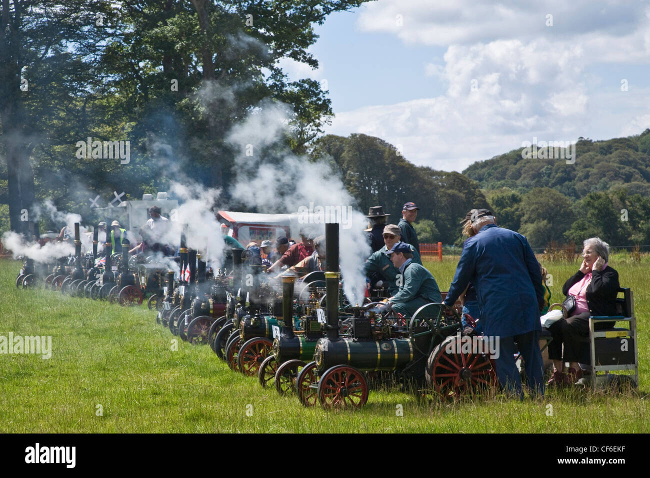 Eine Reihe von Miniatur-Dampf-Lokomobile klingen ihre Pfeifen an der Boconnoc Steam Fair. Stockfoto