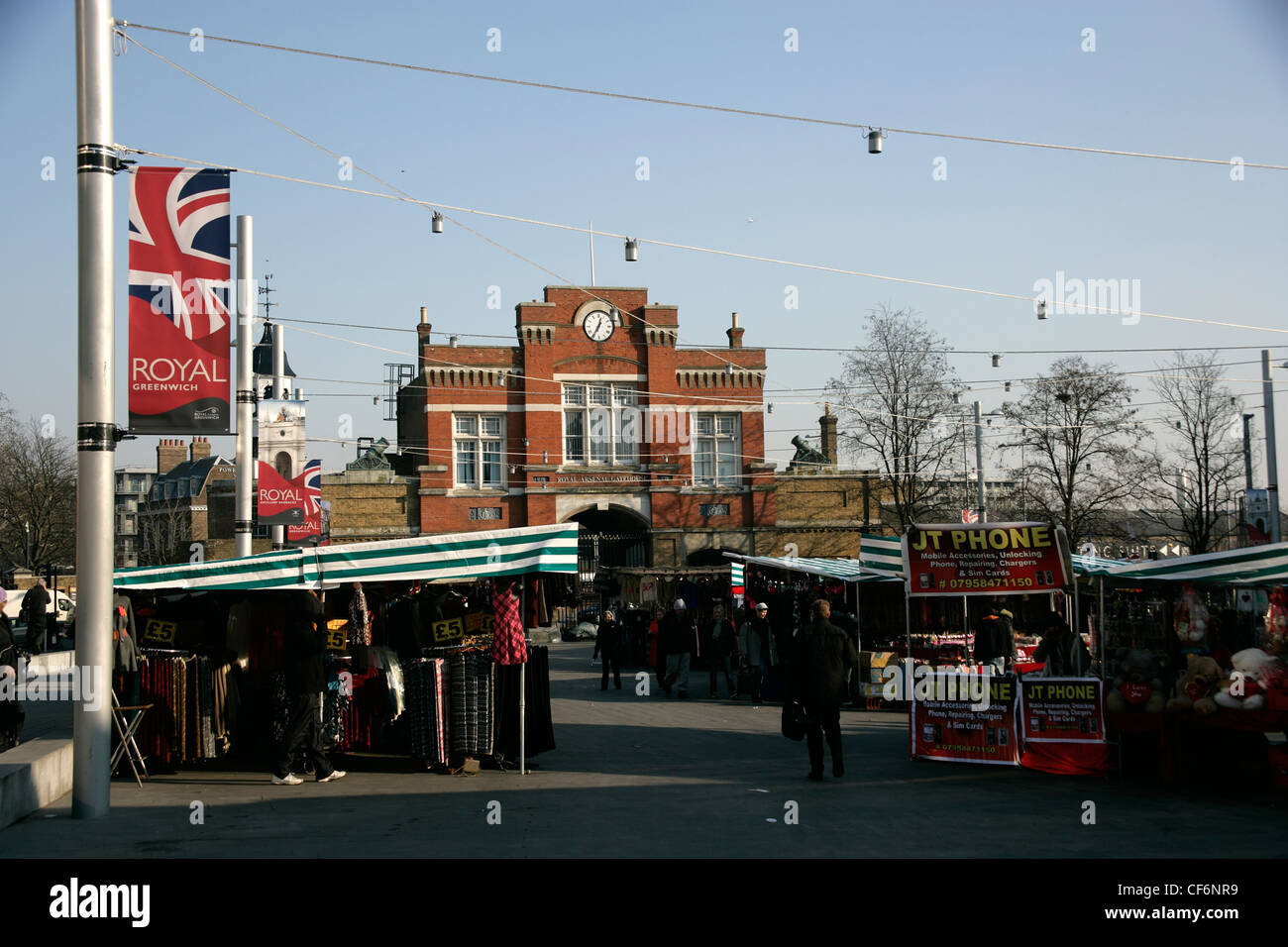 Royal Arsenal Tor und Woolwich vermarkten, Woolwich, Südost-London, UK Stockfoto