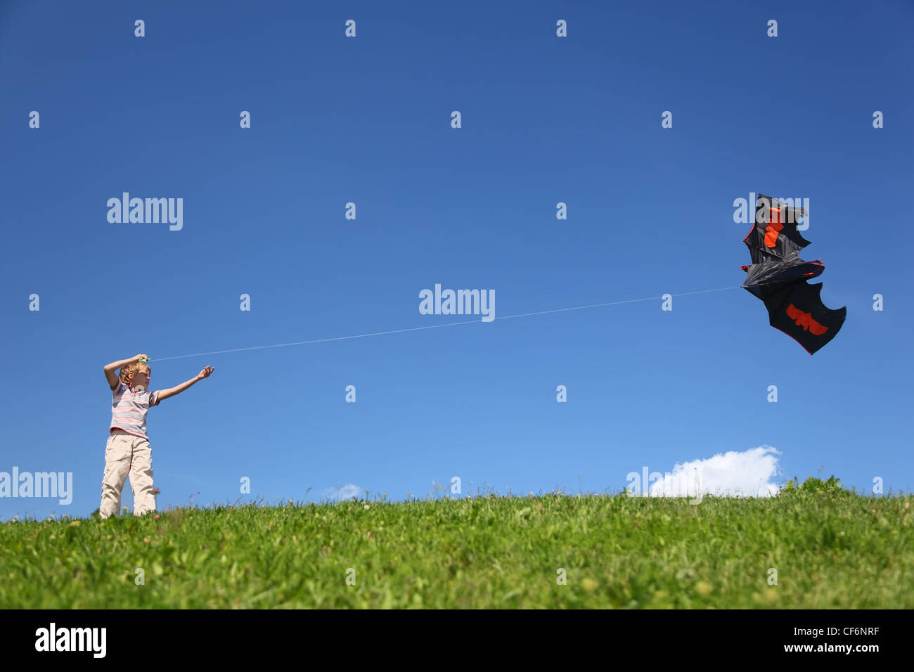 Junge im Sommer auf dem Rasen steht und beginnt Kite in Form flittermouse Stockfoto