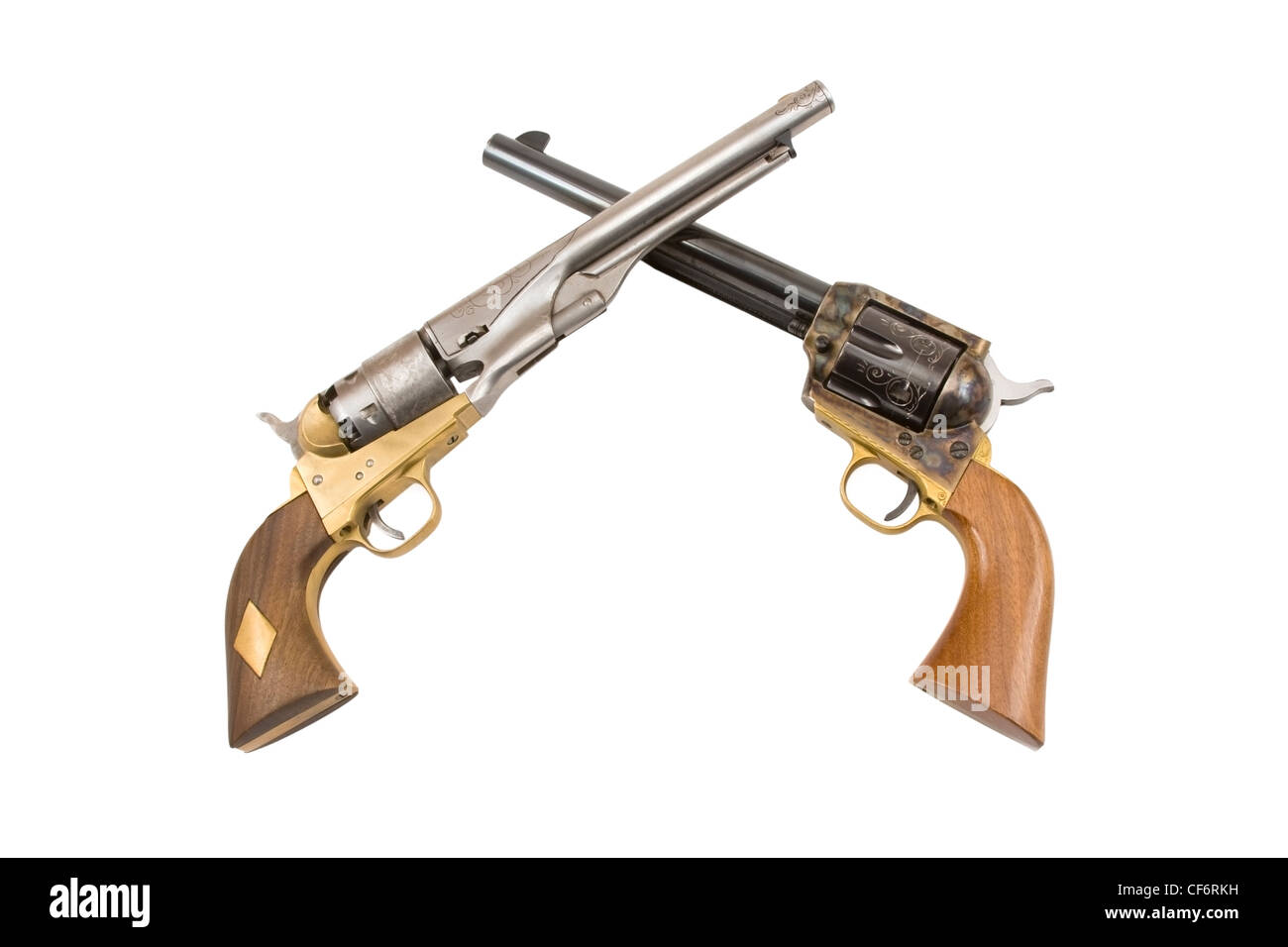 Zwei Revolver Pistolen auf weißem Hintergrund. Stockfoto