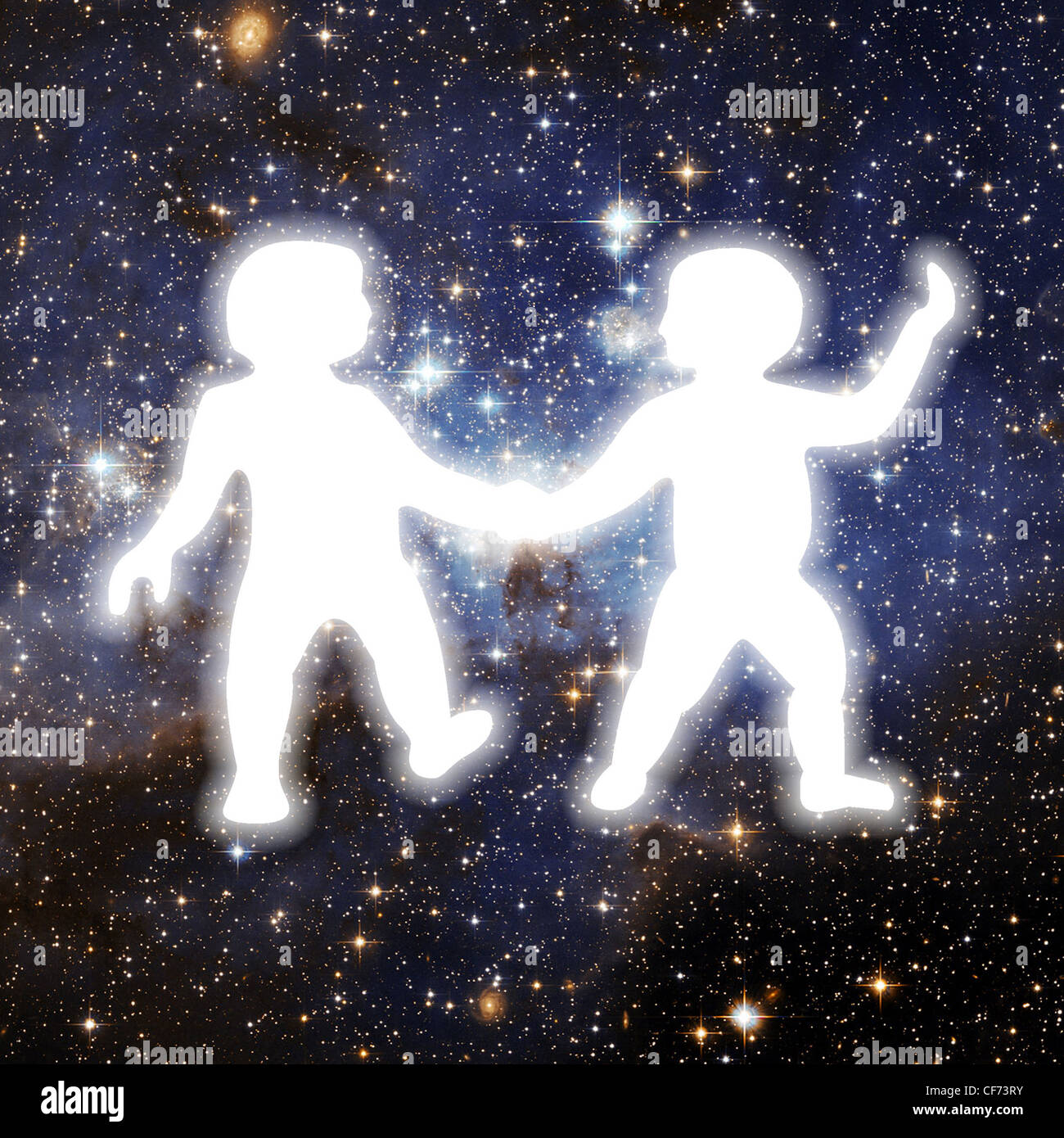 Eine Illustration der weiße Silhouette von Zwillingen, die Hand hält, legen Sie vor dem Hintergrund der Raum gefüllt mit Sternen Stockfoto